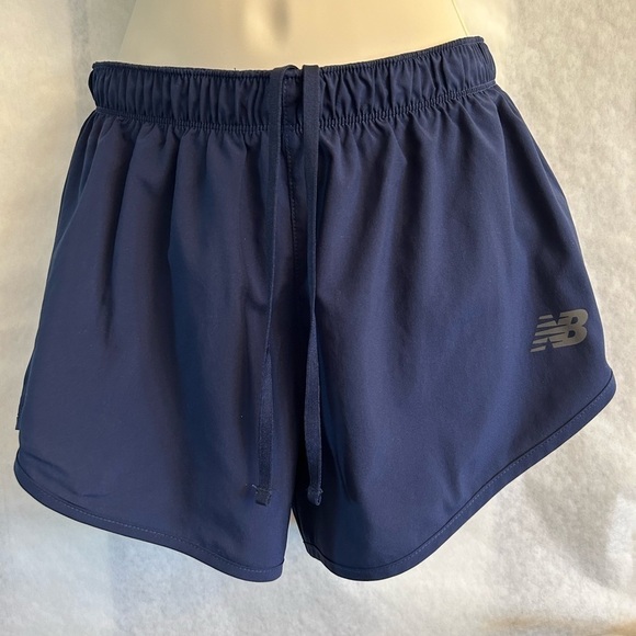 New Balance running lined athletic shorts in navy blue with grey logo Sz-XS H12 - Picture 2 of 10